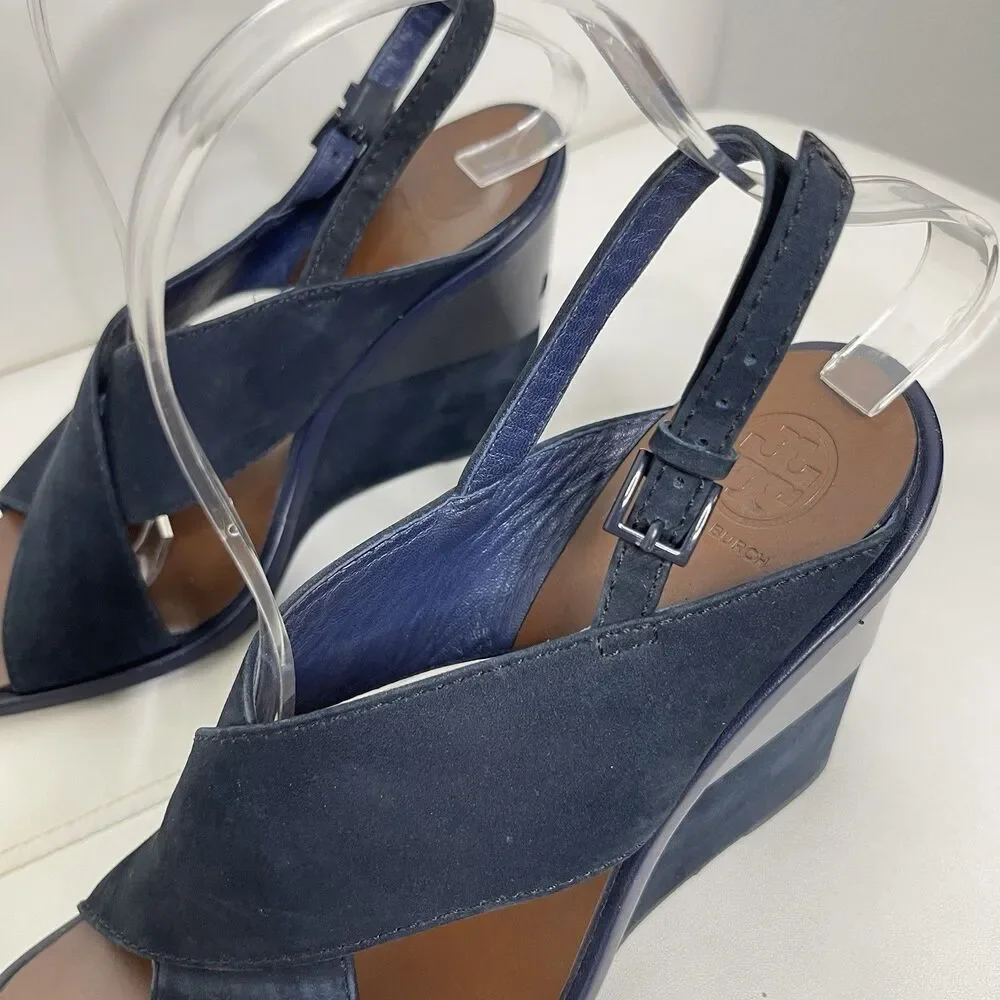 Tory Burch Slingback Wedge Sandals 7.5 Blue Suede Gabrielle Quiet Luxury Shoes